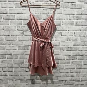 B. DARLIN Juniors' Rose Blush Satin Spaghetti Strap Faux Wrap Size 9/10